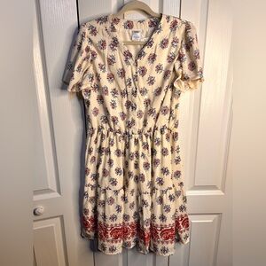 Cracker Barrel Women’s V-Neck Ruffle Sleeves Button Floral White Red Dress L NWT